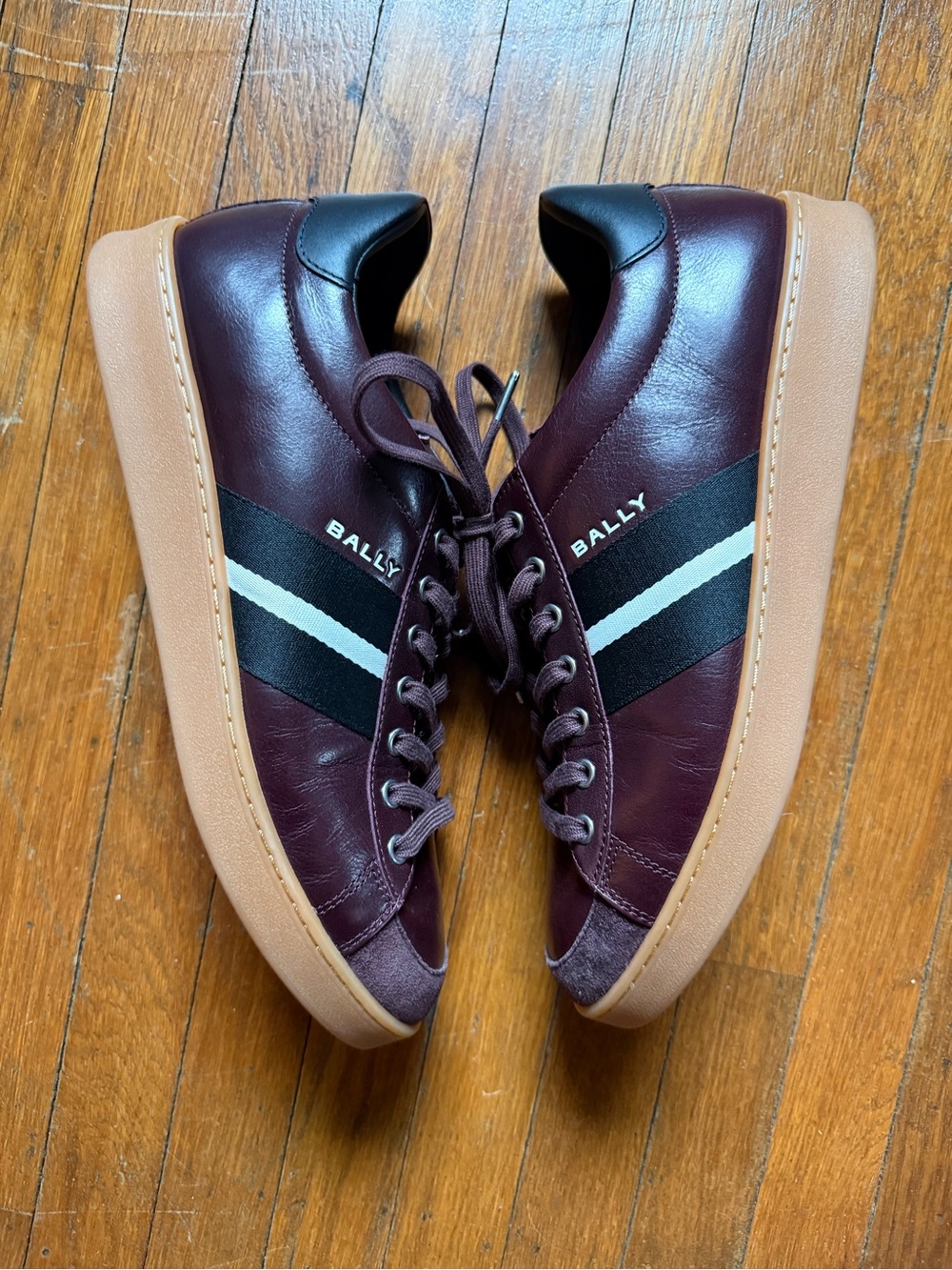 Bally Men's Burgundy and Black Leather Sneakers with Cream Stripe